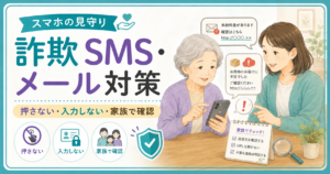 詐欺SMS・メール対策。押さない・入力しない・家族で確認することを伝えるアイキャッチ画像
