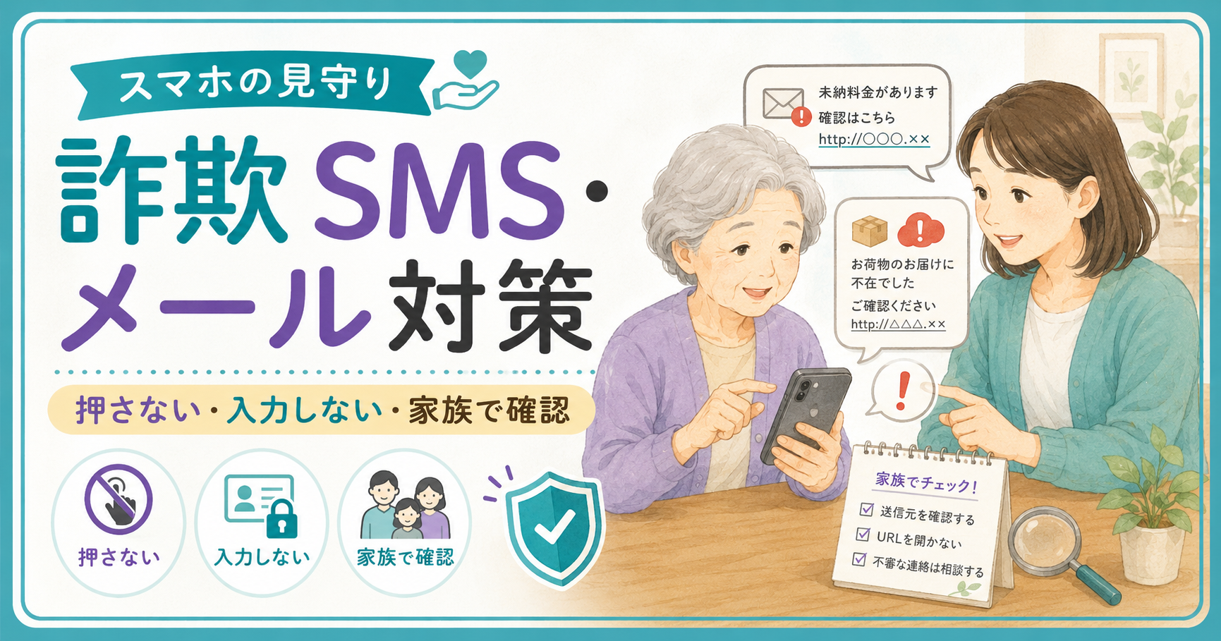 詐欺SMS・メール対策。押さない・入力しない・家族で確認することを伝えるアイキャッチ画像